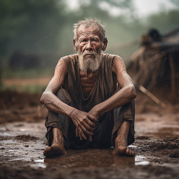 een oudere man zit in contact met regen in het droge seizoen globale opwarming