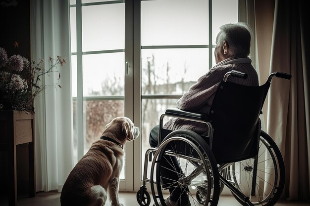 Een oudere man zit in een rolstoel naast zijn hond en kijkt uit het raam Generatieve AI