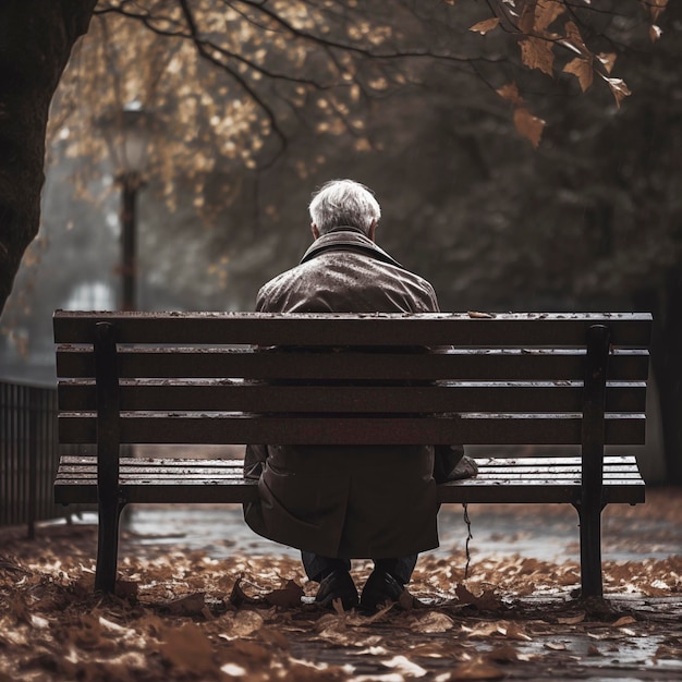 Een oudere man zit omringd door bladeren op de vloer Trieste en melancholische man brengt tijd alleen door Mensen concept