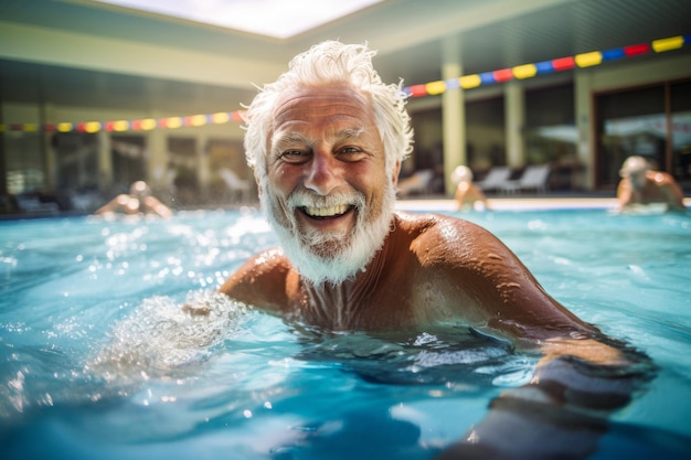 een oudere man zwemt rondjes in een gemeenschaps zwembad AI generatief