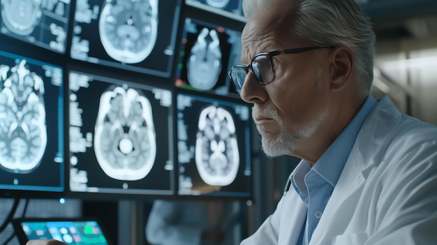 Foto een oudere mannelijke arts met een bril bekijkt mri-scans van de hersenen op een groot scherm