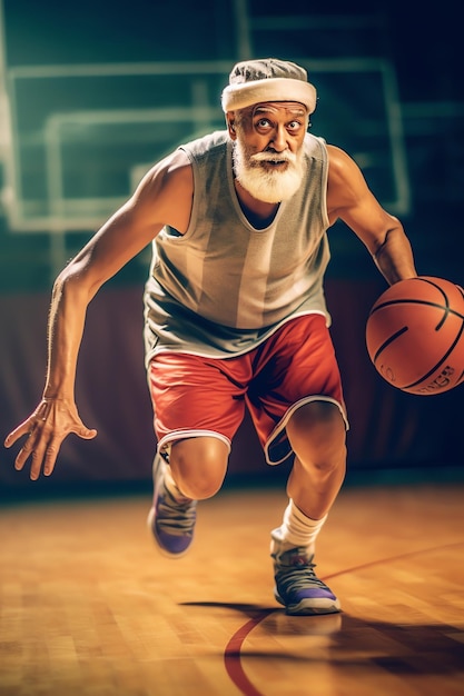 Een oudere persoon die basketbal speelt
