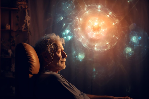 Een oudere persoon en zijn hersenkunst Concept van de ziekte van Alzheimer dementie AI gegenereerd