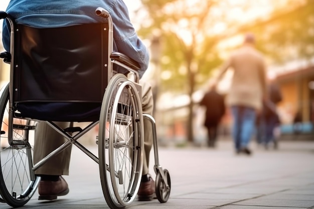 Een oudere persoon met een handicap in een rolstoel in een herfstpark Ouderdom Wandelen in een rolstap in het park