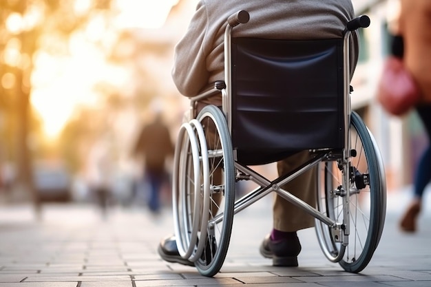 Een oudere persoon met een handicap in een rolstoel in een herfstpark Ouderdom Wandelen in een rolstap in het park