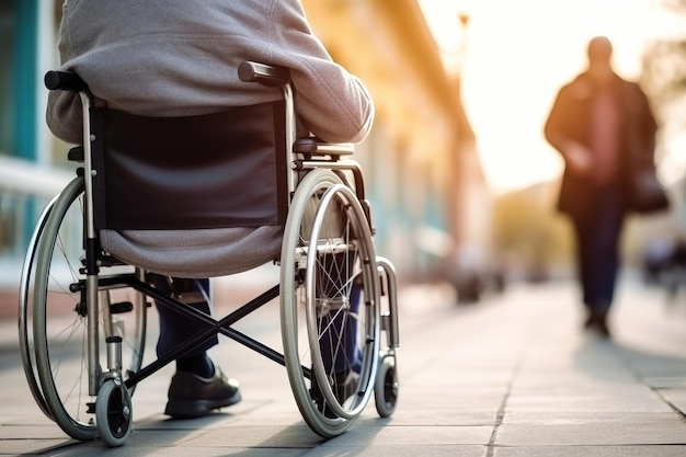 Een oudere persoon met een handicap in een rolstoel in een herfstpark Ouderdom Wandelen in een rolstap in het park