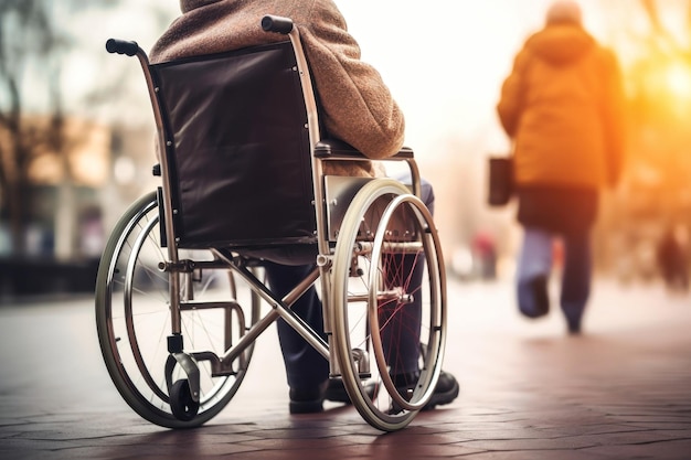 Een oudere persoon met een handicap in een rolstoel in een herfstpark Ouderdom Wandelen in een rolstoel in het park
