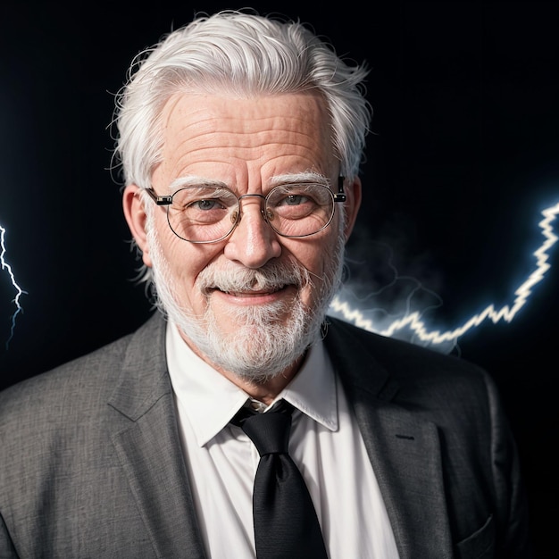 Een oudere professor met een bliksemachtergrond