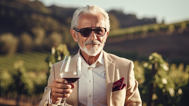 Foto een oudere respectabele man in een stijlvol jasje houdt een glas rode wijn in zijn hand tegen de achtergrond van een wijngaard die zich in de verte uitstrekt zomer zonnige dag op de boerderij