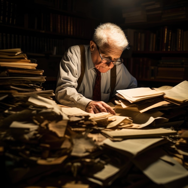 een oudere student diep verdiept in zijn studie aan een rommelig bureau omringd door boeken