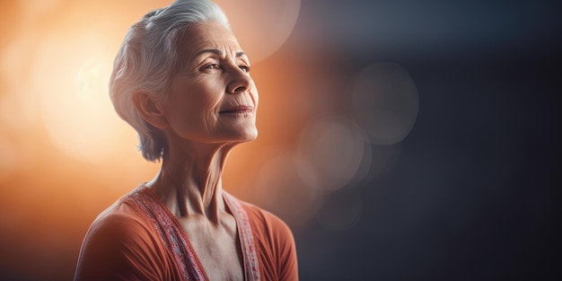 Een oudere, volwassen en vriendelijke, elegante vrouw die mediteert en yoga doet met een kalm en serene houding.