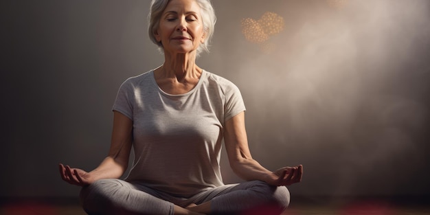 Een oudere, volwassen en vriendelijke, elegante vrouw die mediteert en yoga doet met een kalm en serene houding.
