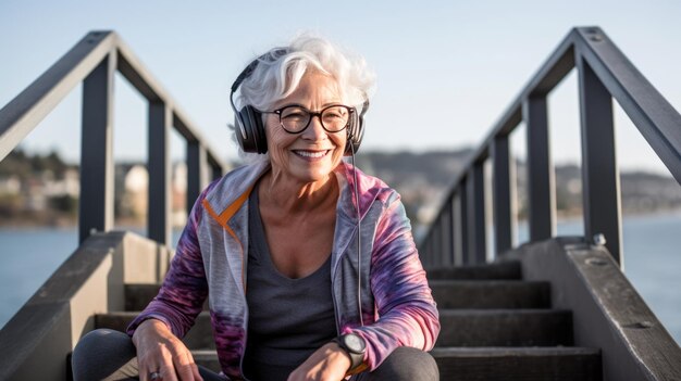 Een oudere vrouw die een koptelefoon draagt en buiten aan het sporten is Gemaakt met generatieve AI-technologie