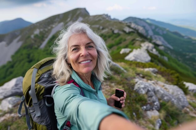 Een oudere vrouw die een selfie maakt op de berg.