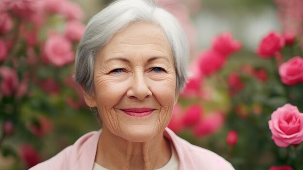 Een oudere vrouw die een wandeling maakt in de rozentuin