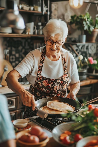 een oudere vrouw die eten kookt in een keuken