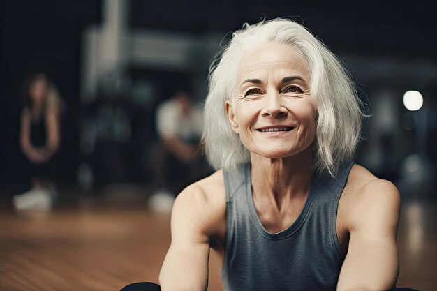 Een oudere vrouw die glimlacht tijdens een yoga-les