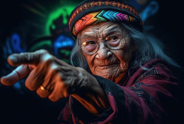 een oudere vrouw die met haar vinger wijst in de stijl van psychedelische rock
