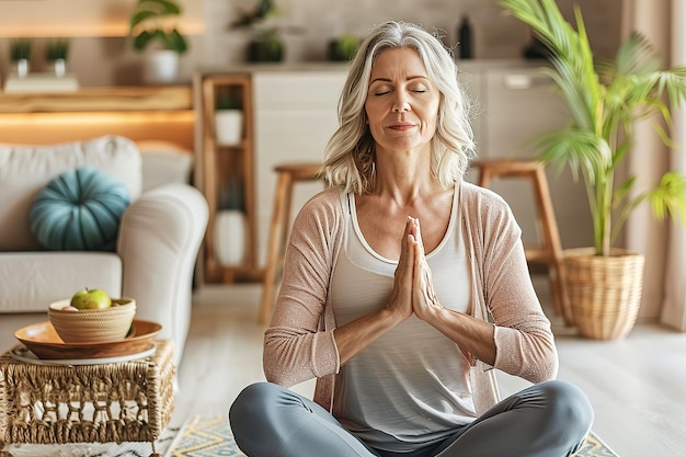 Een oudere vrouw die yoga beoefent in een rustige thuisomgeving