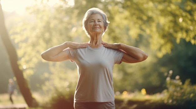 een oudere vrouw die yoga doet in het park een oudere persoon die buiten oefent met uitgestrekte armen