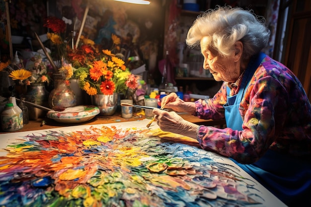 Een oudere vrouw die zich bezighoudt met kunsttherapie en zichzelf uitdrukt door middel van schilderen