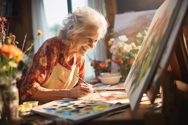 Een oudere vrouw die zich bezighoudt met kunsttherapie en zichzelf uitdrukt door middel van schilderen