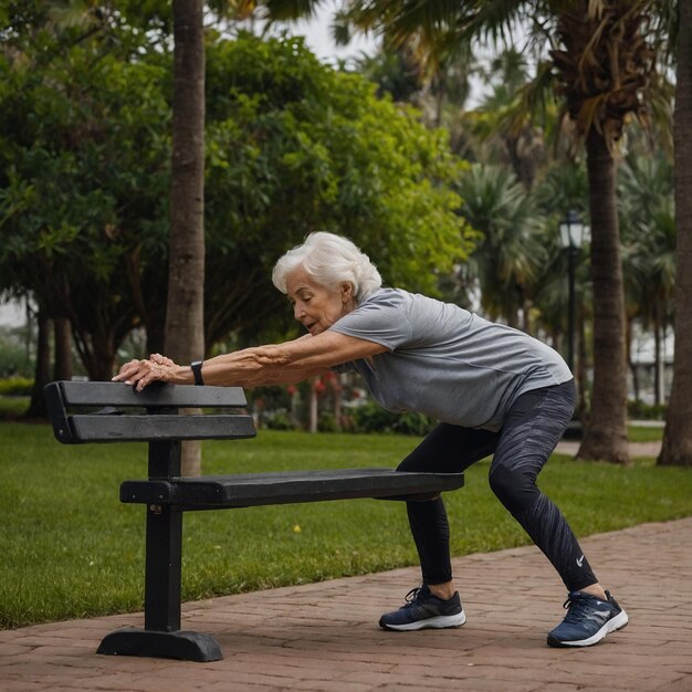 een oudere vrouw doet push-ups op een bankje