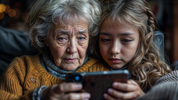 Een oudere vrouw en een jong meisje kijken samen naar een mobiele telefoon