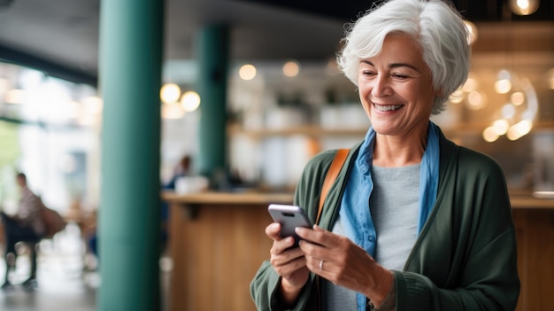 Een oudere vrouw gebruikt een smartphone en nieuwe technologie in haar leven gecreëerd met Generative AI technologie