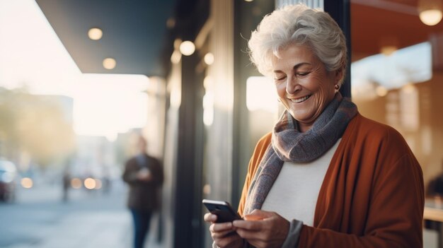 Een oudere vrouw gebruikt een smartphone en nieuwe technologie in haar leven Gemaakt met generatieve AI-technologie