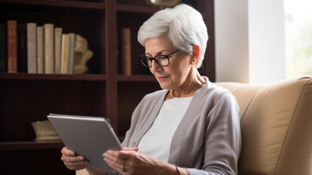 Een oudere vrouw gebruikt tablet Gemaakt met generatieve AI-technologie