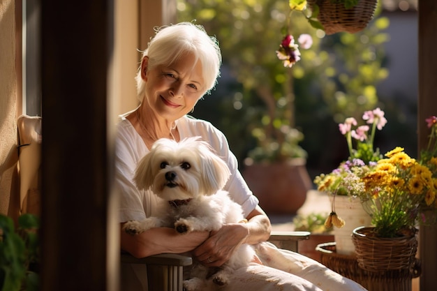 Een oudere vrouw gewikkeld rond haar sierlijke Maltese hond terwijl ze ontspannen op een zonovergoten veranda