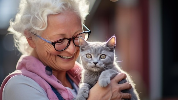 Een oudere vrouw houdt een kitten in haar armen op een paarse achtergrond