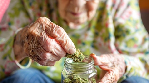 Foto een oudere vrouw houdt een potje marihuana vast.