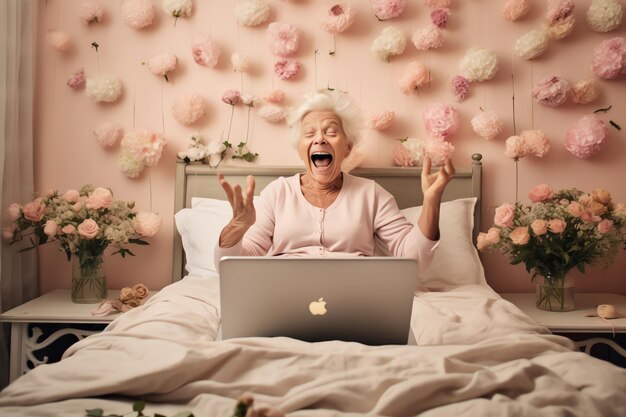 Een oudere vrouw in bed met een laptop op schoot.