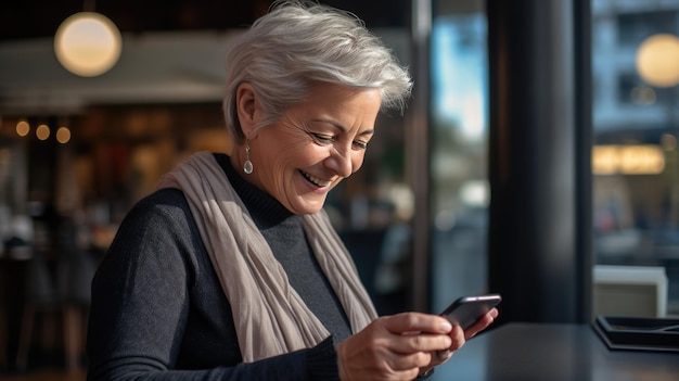 Een oudere vrouw in een café gebruikt haar mobiele telefoon gemaakt met Generative AI technologie