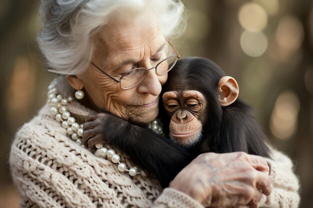 Een oudere vrouw in een gebreide trui en parels houdt een chimpansee teder vast in een wazig bos achtergrond die een vreedzame coëxistentie weerspiegelt milieubeschermende belangenbehartiging