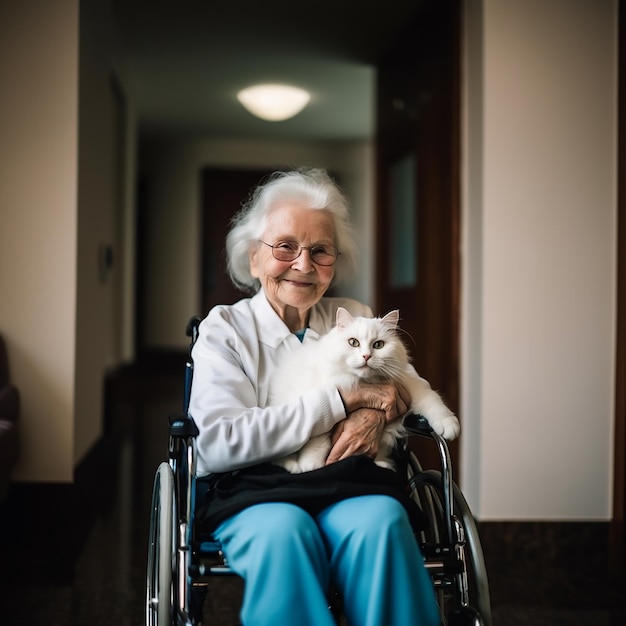 Een oudere vrouw in een rolstoel houdt een pluizige witte kat in haar armen. Liefde en vriendschap