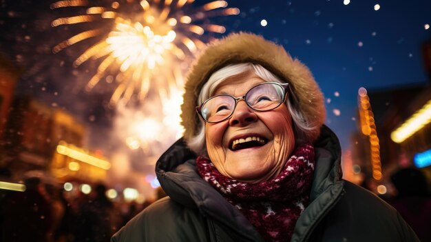 Een oudere vrouw lacht en kijkt naar vuurwerk in de lucht met een muts en een warme sjaal op de achtergrond van bokeh-lichten en een feestelijke sfeer