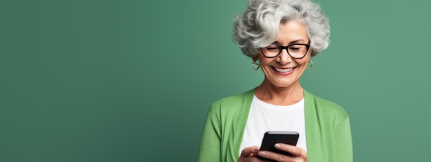 Een oudere vrouw lacht en lacht met haar telefoon tegen een gekleurde achtergrond.
