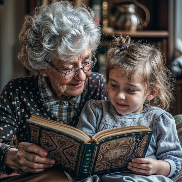 Een oudere vrouw leest een boek voor aan een jong meisje.
