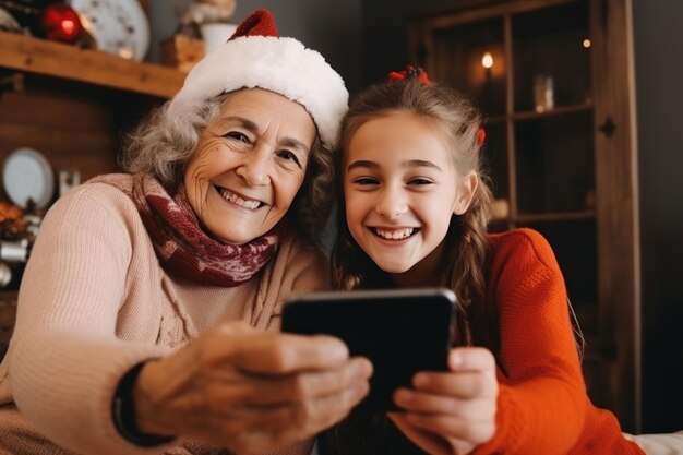 Een oudere vrouw maakt met een smartphone een selfie van zichzelf en haar kleindochter