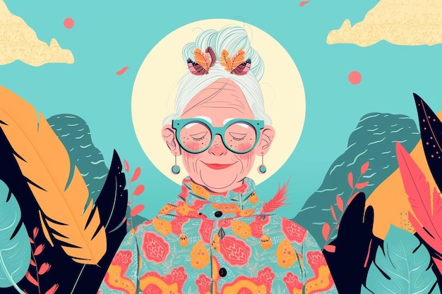 een oudere vrouw met een bril en veren op haar hoofd
