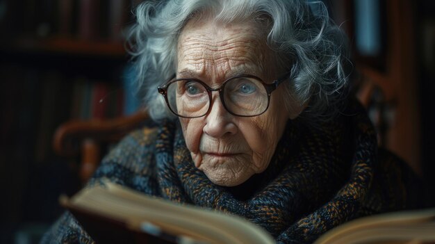 Foto een oudere vrouw met een bril leest een boek.