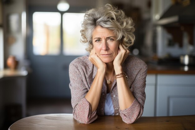 Foto een oudere vrouw met een depressie die thuis met haar hoofd in haar handen zit.