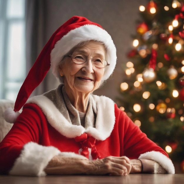 Een oudere vrouw met een kerstmuts zit aan een tafel bij een kerstboom