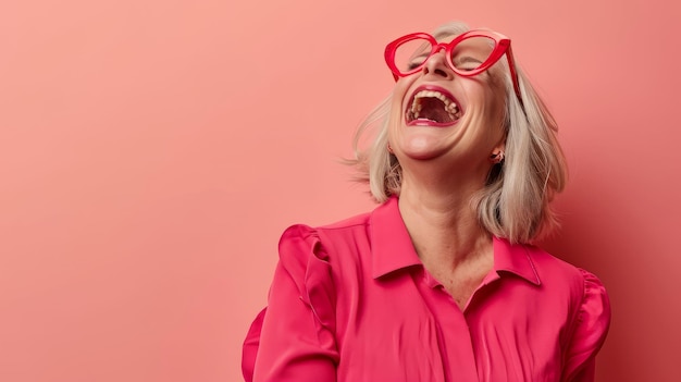 Een oudere vrouw met een rode bril en lachend