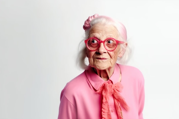 Een oudere vrouw met een roze bril en een roze shirt.