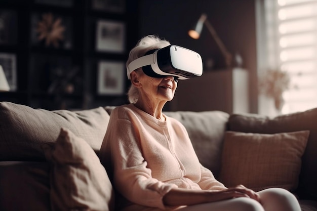 Een oudere vrouw met een vr-headset zit op een bank.