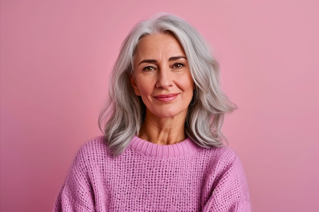 Een oudere vrouw met grijs haar, gekleed in een roze trui